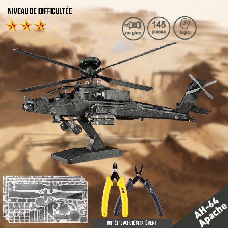 Puzzle 3D en métal hélicoptère militaire Apache
